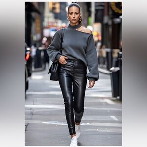 Vince Camuto Cutout Shoulder High neck Sweater Bishop Sleeves Dark Grey Large